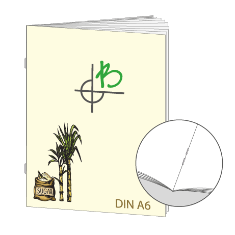 Broschüre aus Zuckerrohrpapier | DIN A6 32-Seiter | bedruckt